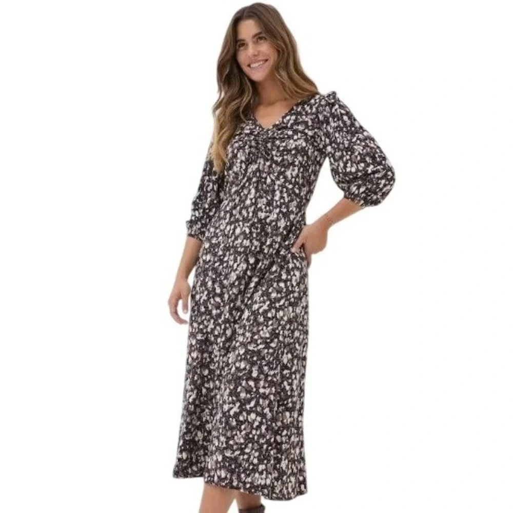 FatFace Libby Black Brown Patterned Maxi/Midi Dress 14R Cottagecore Boho Pockets
